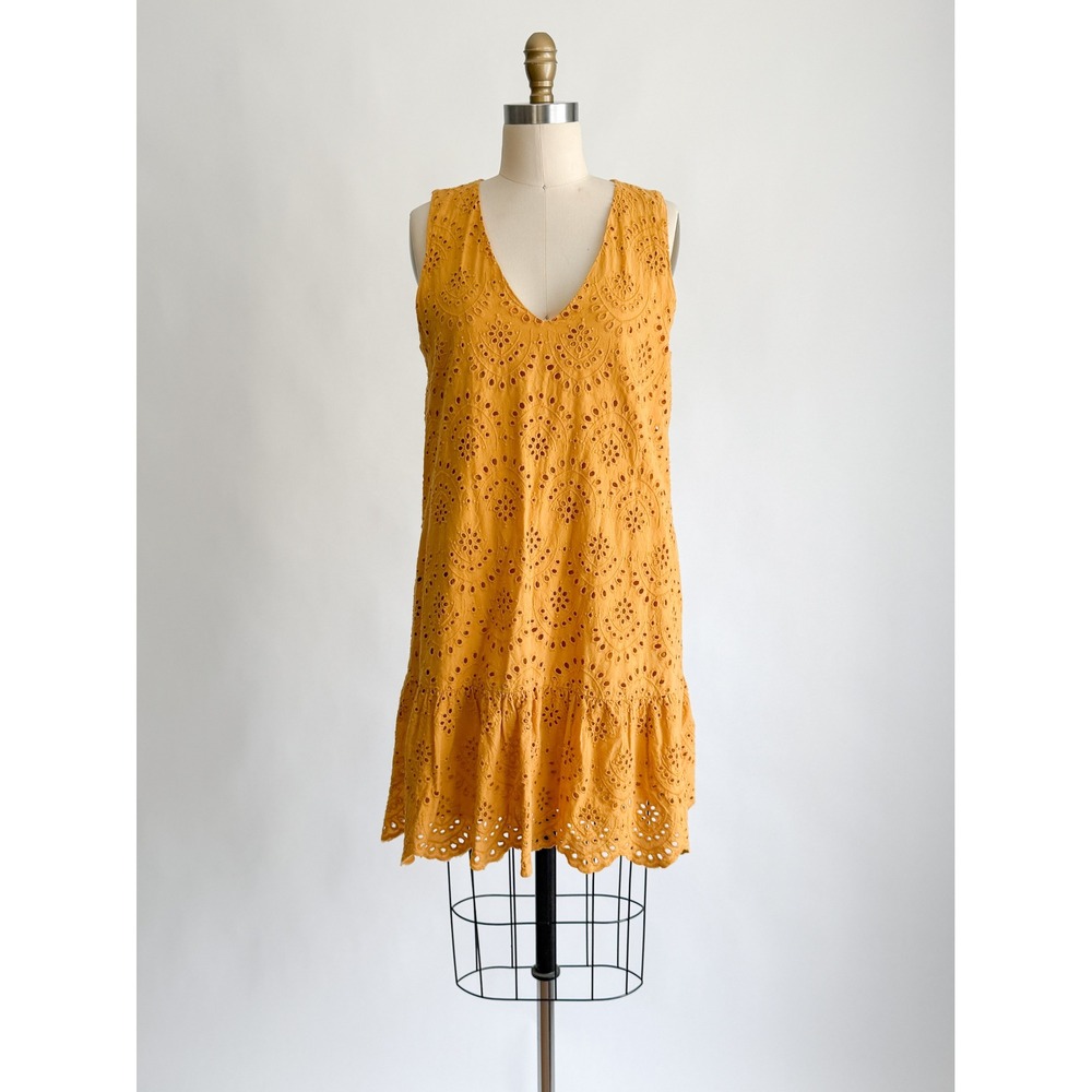 Dolan Left Coast Collection Eyelet Mini Dress M Mustard Yellow V-Neck Ruffle